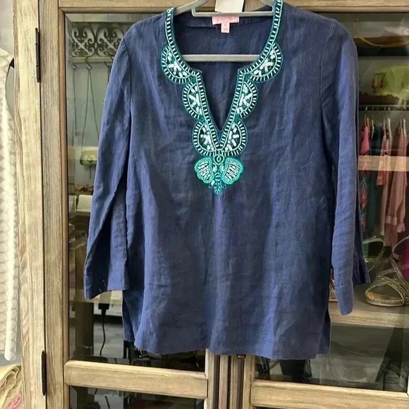 Lilly Pulitzer Amelia Island Linen Tunic with beading navy EUC Size XS - Picture 1 of 5